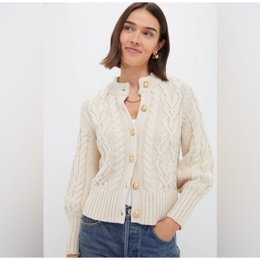 Tuckernuck Cable Knit Cardigan Ivory NEW Gold Button WMS LG